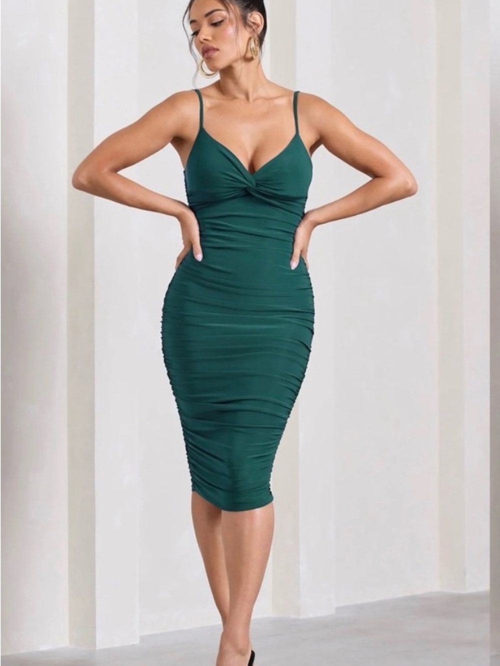 Club L London Desired Bottle Green Maternity Cami Midi Dress with Twist Plunge